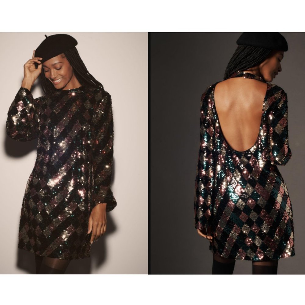 NEW Anthropologie Maeve Long- Sleeve Mock Neck Sequin Mini Dress